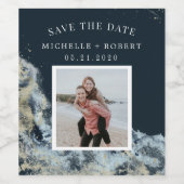 Étiquette Pour Bouteilles De Vin aquarelle vagues côtier enregistrer la date photo (Étiquettes simples)