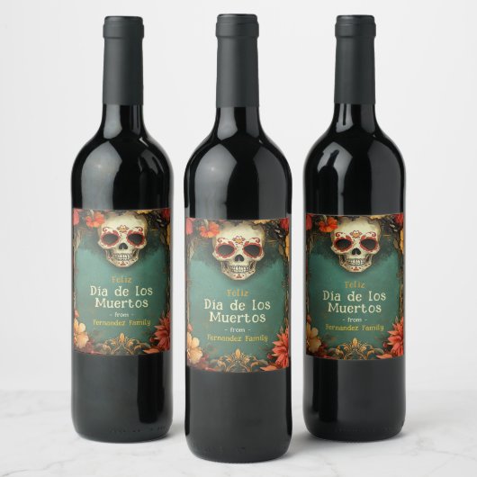 Étiquette Pour Bouteilles De Vin 💀 🎉 Aquarelle vert Día de Muertos (Bouteilles)