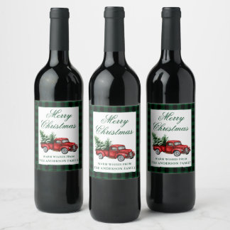 Étiquette Pour Bouteilles De Vin Aquarelle Vintage Camion rouge Noël Vert Plat