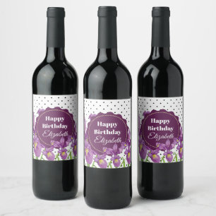 Étiquette Pour Bouteilles De Vin Aquarelle violet Iris noir blanc Pois