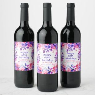 Étiquette Pour Bouteilles De Vin Aquarelle violette Floral 60e Joyeux anniversaire