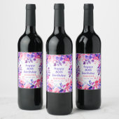 Étiquette Pour Bouteilles De Vin Aquarelle violette Floral 80e Joyeux anniversaire (Bouteilles)