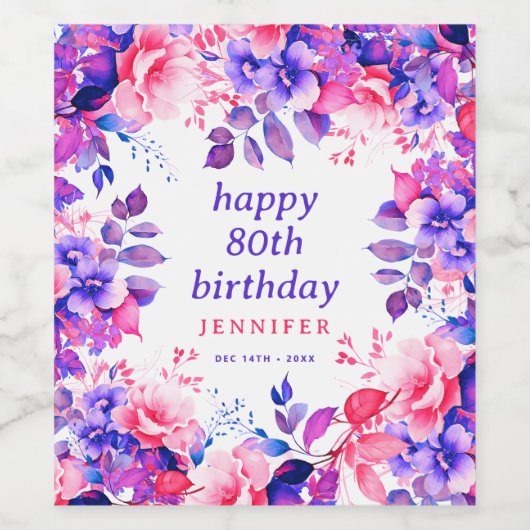 Étiquette Pour Bouteilles De Vin Aquarelle violette Floral 80e Joyeux anniversaire (Étiquettes simples)