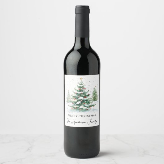 Étiquette Pour Bouteilles De Vin Arbre de Noël à l'aquarelle de script simple (Devant)