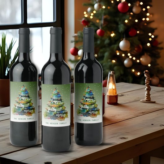 Étiquette Pour Bouteilles De Vin Arbre de Noël Aquarelle Joyeux Jolly Happy