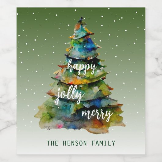 Étiquette Pour Bouteilles De Vin Arbre de Noël Aquarelle Joyeux Jolly Happy (Étiquettes simples)