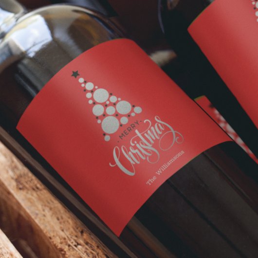 Étiquette Pour Bouteilles De Vin Arbre de Noël Argenté Moderne sur Fond Rouge
