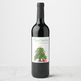 Étiquette Pour Bouteilles De Vin Arbre de Noël avec cadeau rouge
