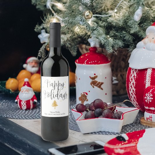Étiquette Pour Bouteilles De Vin Arbre de Noël doré d'entreprise Joyeuses Fêtes