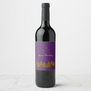 Étiquette Pour Bouteilles De Vin Arbre de Noël en or brillant, étoiles, neige sur v