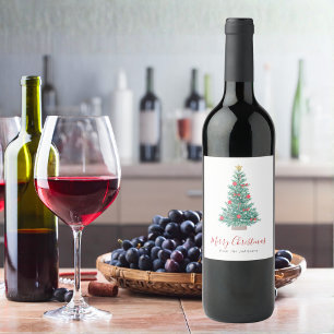Étiquette Pour Bouteilles De Vin Arbre de Noël Festif à l'Aquarelle Simple