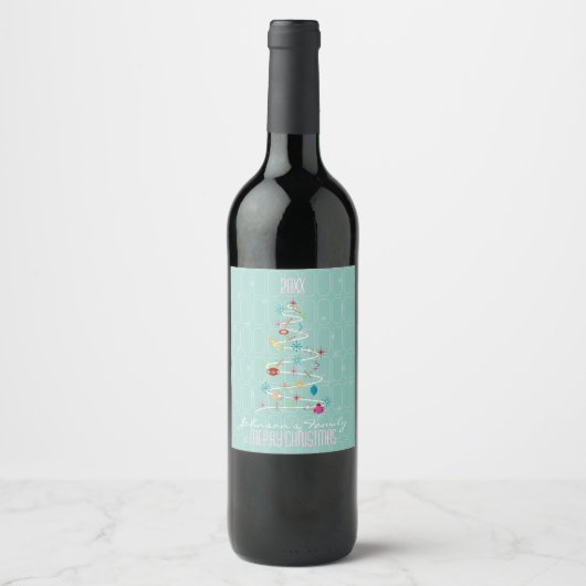 Étiquette Pour Bouteilles De Vin Arbre de Noël rétro Joyeux Noël Turquoise (Devant)