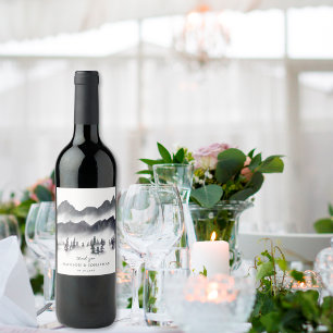 Étiquette Pour Bouteilles De Vin Arbre Forêt Montagne Noir Blanc Merci Mariage