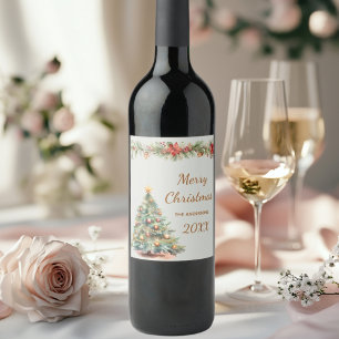 Étiquette Pour Bouteilles De Vin Arbre garland rouge floraux crème fête de Noël
