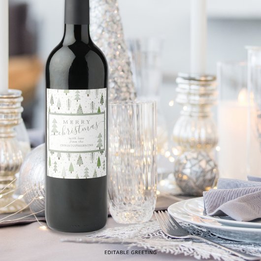 Étiquette Pour Bouteilles De Vin Arbres de Noël modernes MERRY CHRISTMAS Script