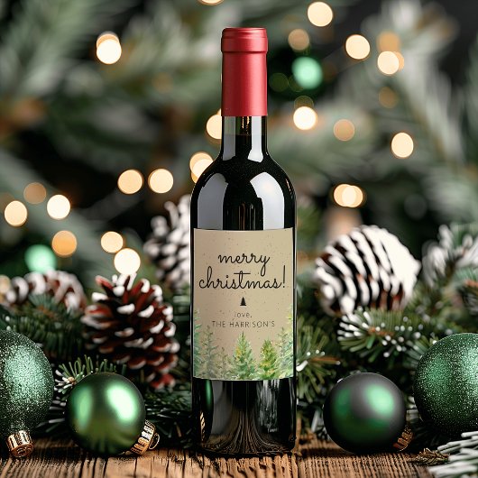 Étiquette Pour Bouteilles De Vin Arbres pins rustiques Joyeux Noël