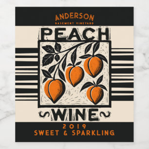 Étiquette Pour Bouteilles De Vin Arbuste à vin maison de pêche Linocut cordial