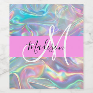 Étiquette Pour Bouteilles De Vin Arc-en-ciel Girly Holographique Iridescent Monogra