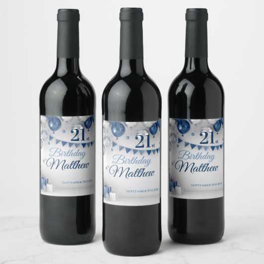 Étiquette Pour Bouteilles De Vin Argent bleu 21e anniversaire (Bouteilles)
