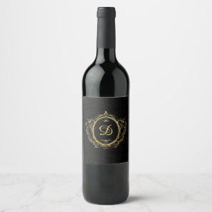 Étiquette Pour Bouteilles De Vin Arrière - plan damassé noir monogramme or