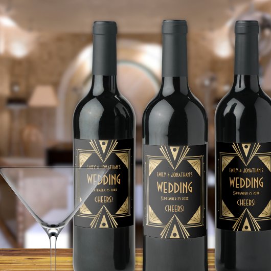 Étiquette Pour Bouteilles De Vin Art Déco Cheers Gold Black Mariage