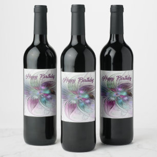 Étiquette Pour Bouteilles De Vin Art fractal floral abstrait coloré moderne