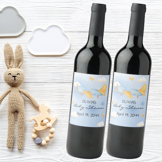 Étiquette Pour Bouteilles De Vin Avion, Nuages & Etoiles, Bleu, Bébé garçon, mignon