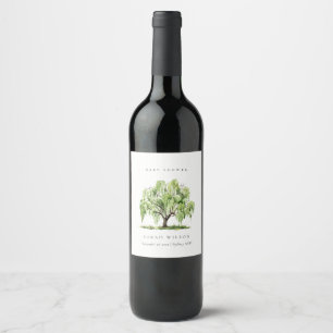 Étiquette Pour Bouteilles De Vin Baby Shower Arbre de Saule Aquarelle Vert Rustique