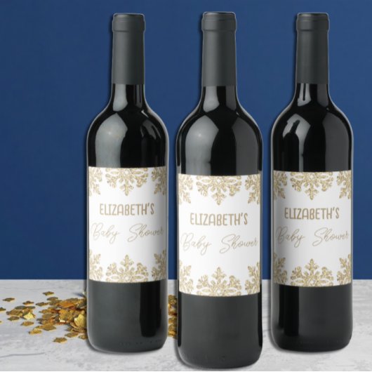 Étiquette Pour Bouteilles De Vin Baby shower d'hiver Gold Snowflake