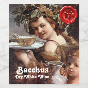 ÉTIQUETTE POUR BOUTEILLES DE VIN BACCHUS AVEC RAISINS ET VIN BLANC SCEAU DE CIRE RO