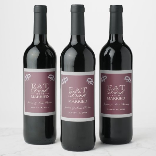 Étiquette Pour Bouteilles De Vin Bagues argentées et Mariage Burgandy (Bouteilles)
