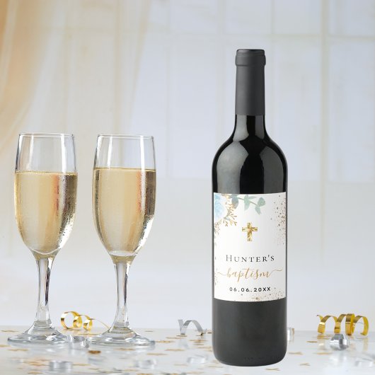 Étiquette Pour Bouteilles De Vin Baptême bleu clair fleuri nom croix or