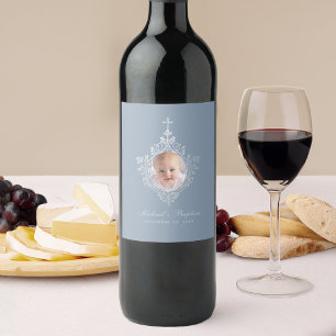 Étiquette Pour Bouteilles De Vin Baptême Boy Photo Dusty Blue Vintage Crest Cross