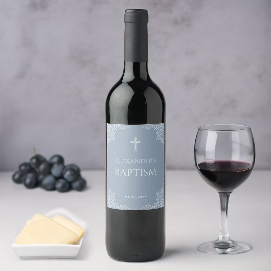 Étiquette Pour Bouteilles De Vin Baptême garçon Dusty Blue Faux argent Croix & Feui