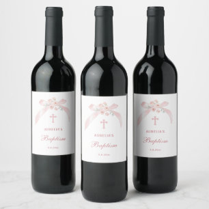 Étiquette Pour Bouteilles De Vin Baptême noeud rose floral