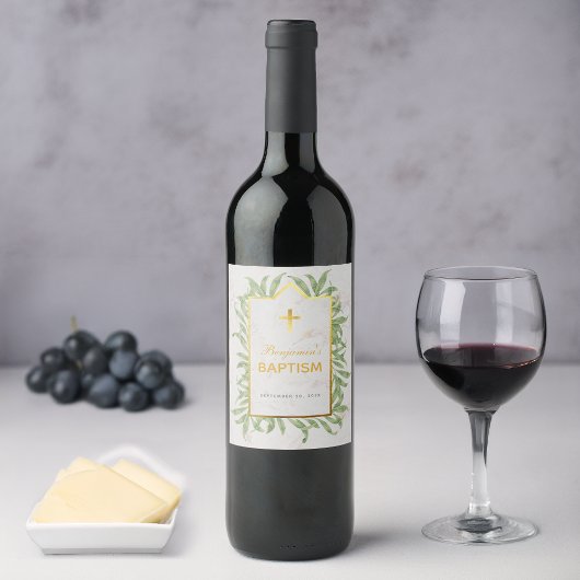 Étiquette Pour Bouteilles De Vin Baptême Verdure Faux Gold Cross Marbre Botanique