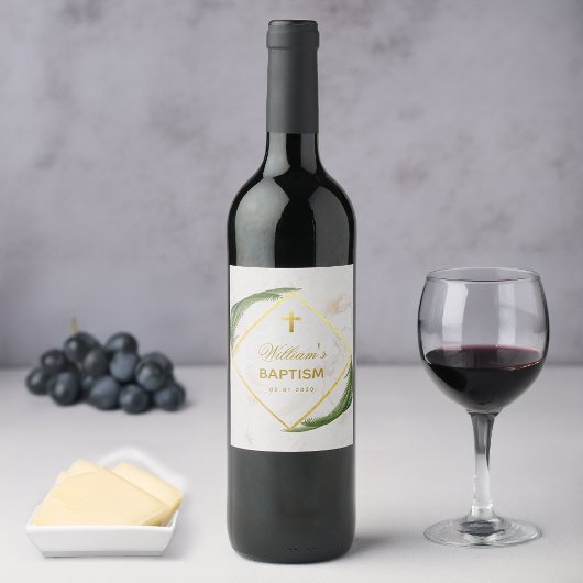 Étiquette Pour Bouteilles De Vin Baptême Verdure Faux Gold Fern Marbre Feuille