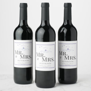 Étiquette Pour Bouteilles De Vin Bateau à cadre classique nautique Marine M. Mme Ma