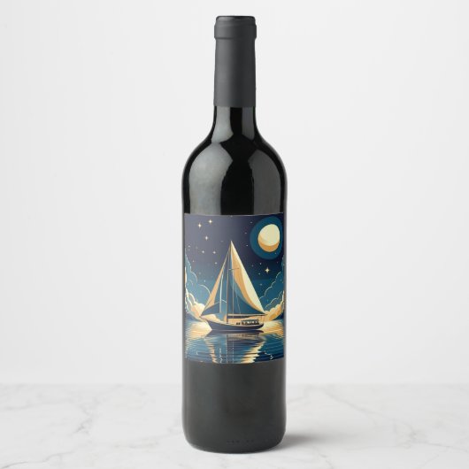 Étiquette Pour Bouteilles De Vin Bateau à voile la nuit (Devant)