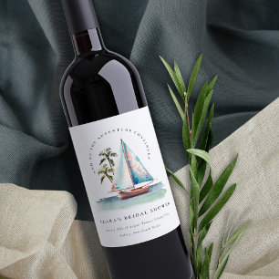 Étiquette Pour Bouteilles De Vin Bateau à voile sarcelle foncée Palmier Paysage mar