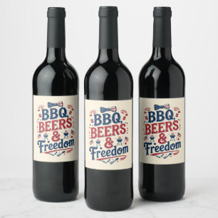 Étiquette Pour Bouteilles De Vin BBQ, Bières et Liberté – Vibes Rétro du 4 Juillet