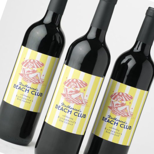 Étiquette Pour Bouteilles De Vin Beach Club Cabana Jaune Fête d'Anniversaire