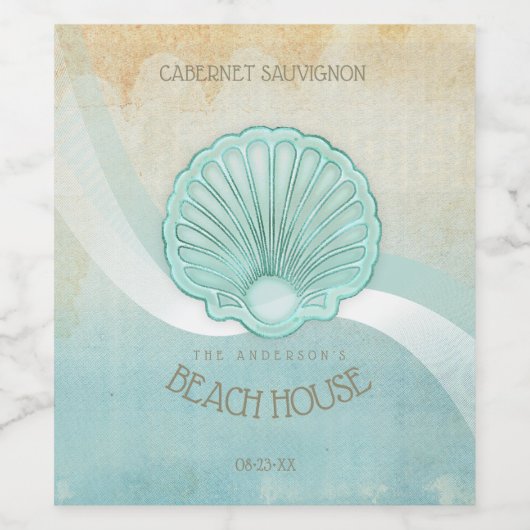 Étiquette Pour Bouteilles De Vin Beach House Clam Shell Aqua Blue ID623 (Étiquettes simples)