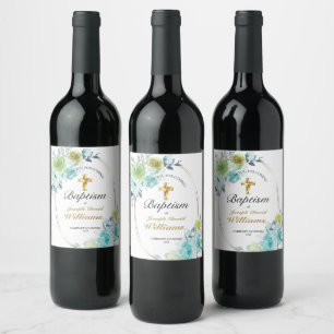 Étiquette Pour Bouteilles De Vin Beau bleu Floral Gold Cross Baby Baptism