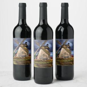 Étiquette Pour Bouteilles De Vin Beau paysage de moulin à vin Pays-Bas - Dessin