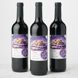 Étiquette Pour Bouteilles De Vin Bébé ours dormant violet Galaxy Baby shower fille