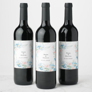 Étiquette Pour Bouteilles De Vin Belle aquarelle bleu rose et fleurs bleues