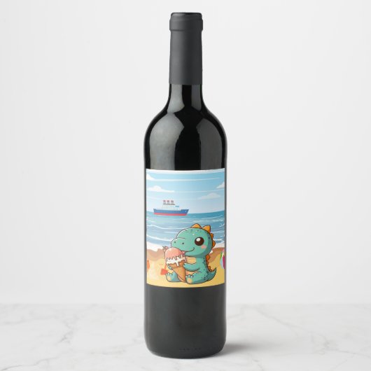 Étiquette Pour Bouteilles De Vin Belle glace manger dino à la plage (Devant)