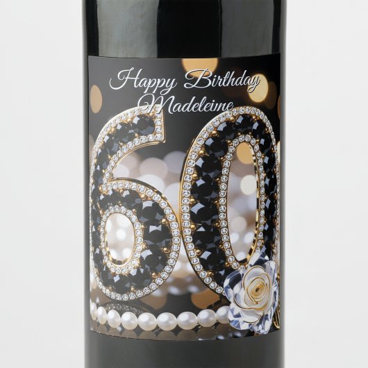 Étiquette Pour Bouteilles De Vin Black Gold Diamond Pearls White Rose 60th Birthday