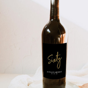 Étiquette Pour Bouteilles De Vin Black & Gold Sixty Lettres 60e Fête d'Anniversaire